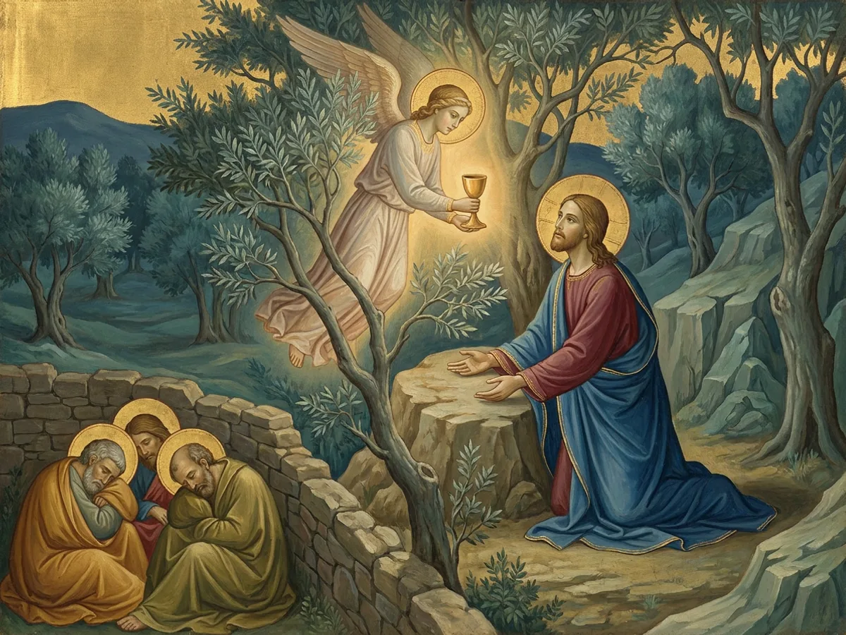 Jesus kneels praying in the garden as an angel offers a golden chalice; three apostles sleep nearby in the dark.