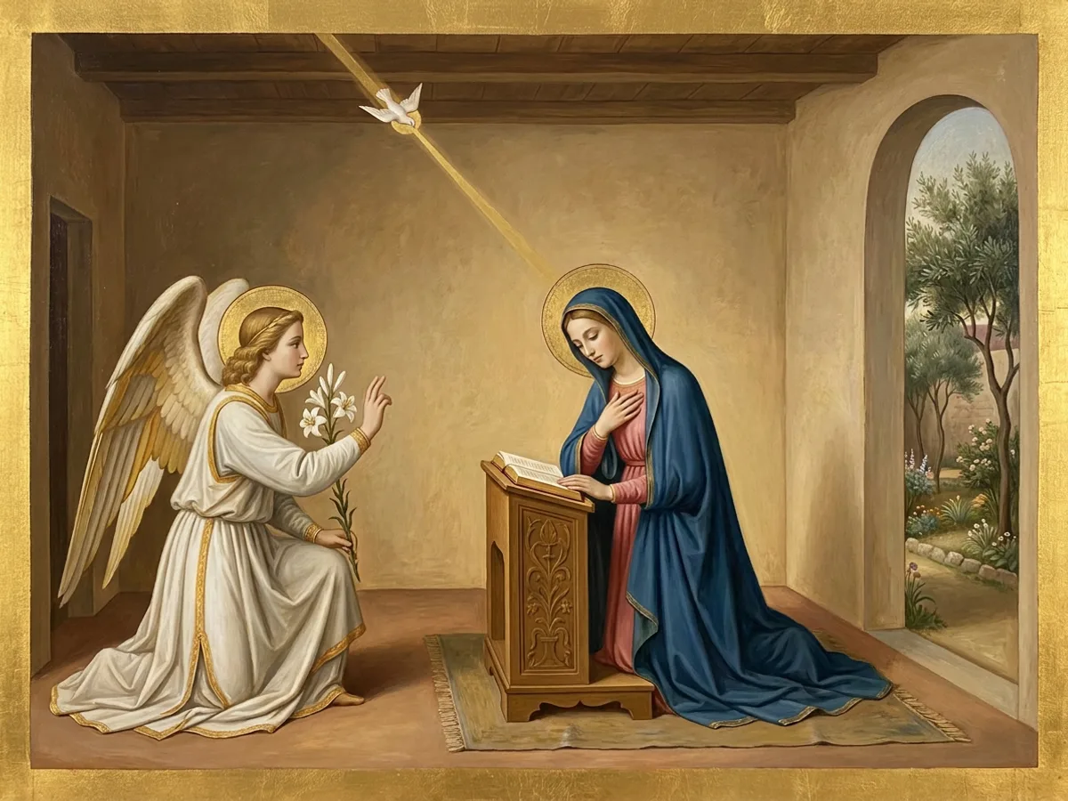 The angel Gabriel kneels with a lily before Mary in blue, as a dove descends on rays of light.