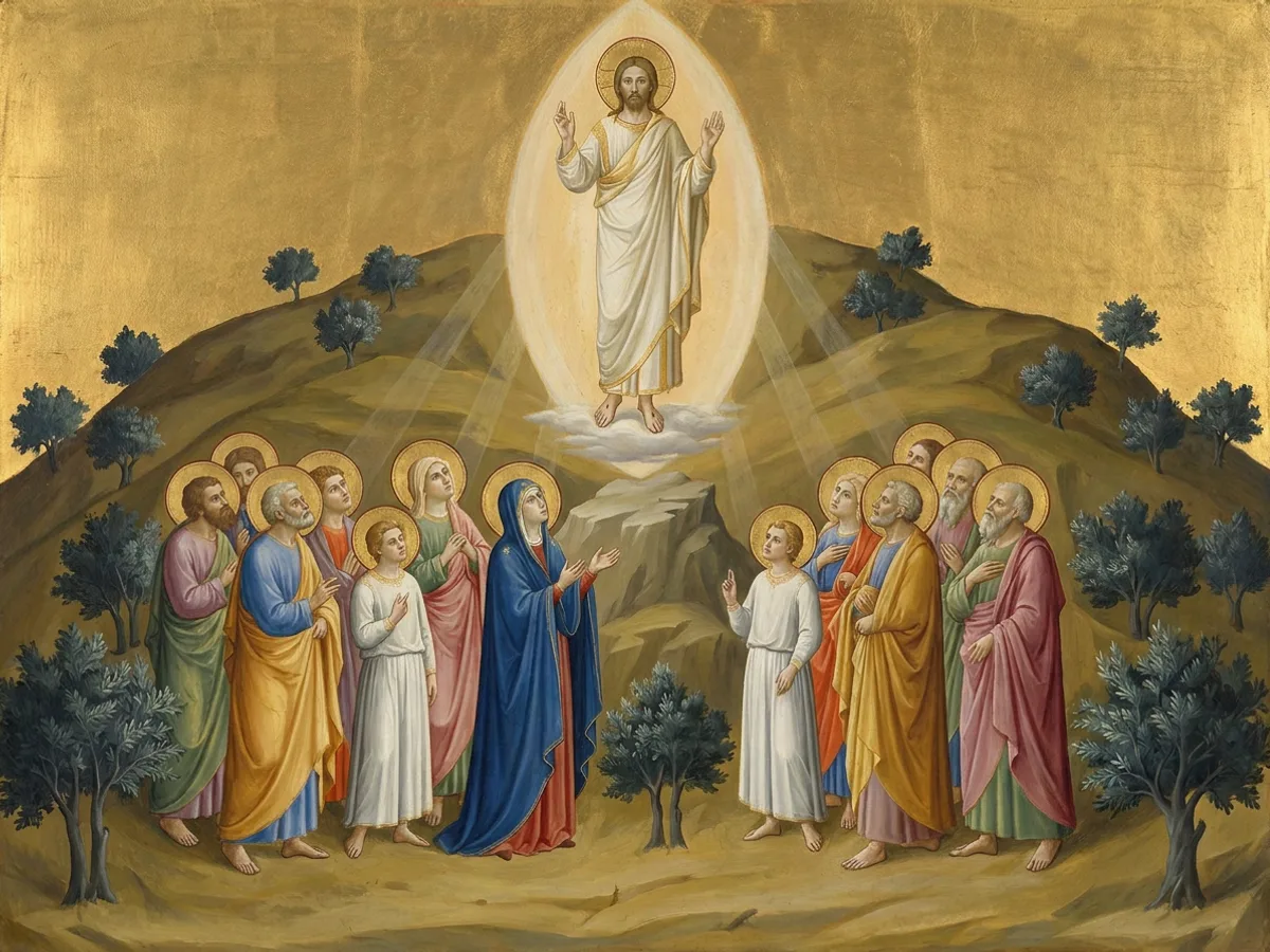 Christ rises in light above the Mount of Olives while Mary and the eleven apostles look upward from the hillside.