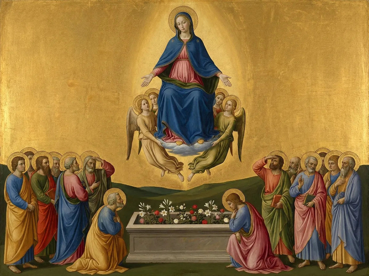 Mary rises to heaven borne by angels while the apostles below look up from her empty tomb filled with lilies.