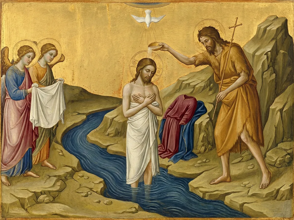 John pours water over Christ standing in the Jordan while a dove descends and angels wait with garments.