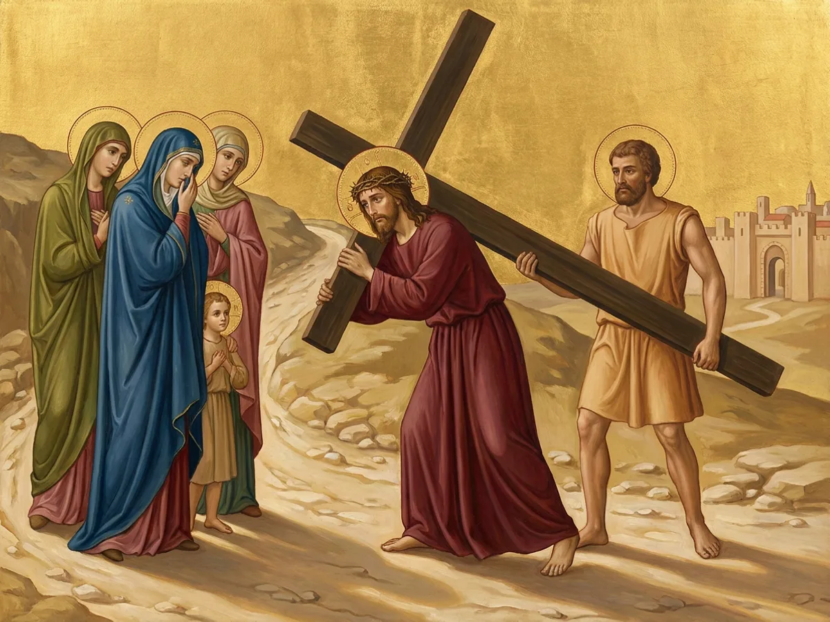 Jesus carries the cross uphill outside the city walls; Simon of Cyrene lifts the beam behind while weeping women watch.
