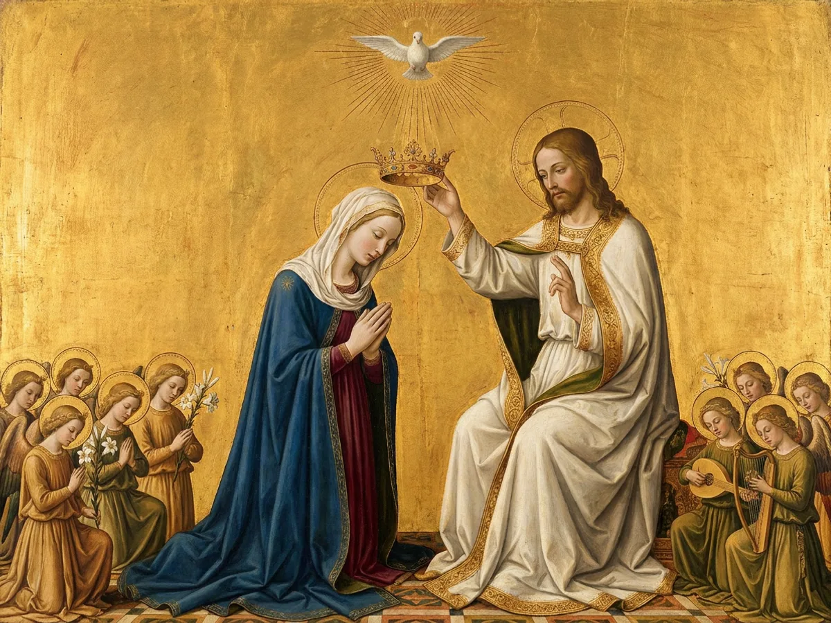 Christ places a golden crown on the kneeling Virgin Mary's head, a dove above them and angels kneeling below.