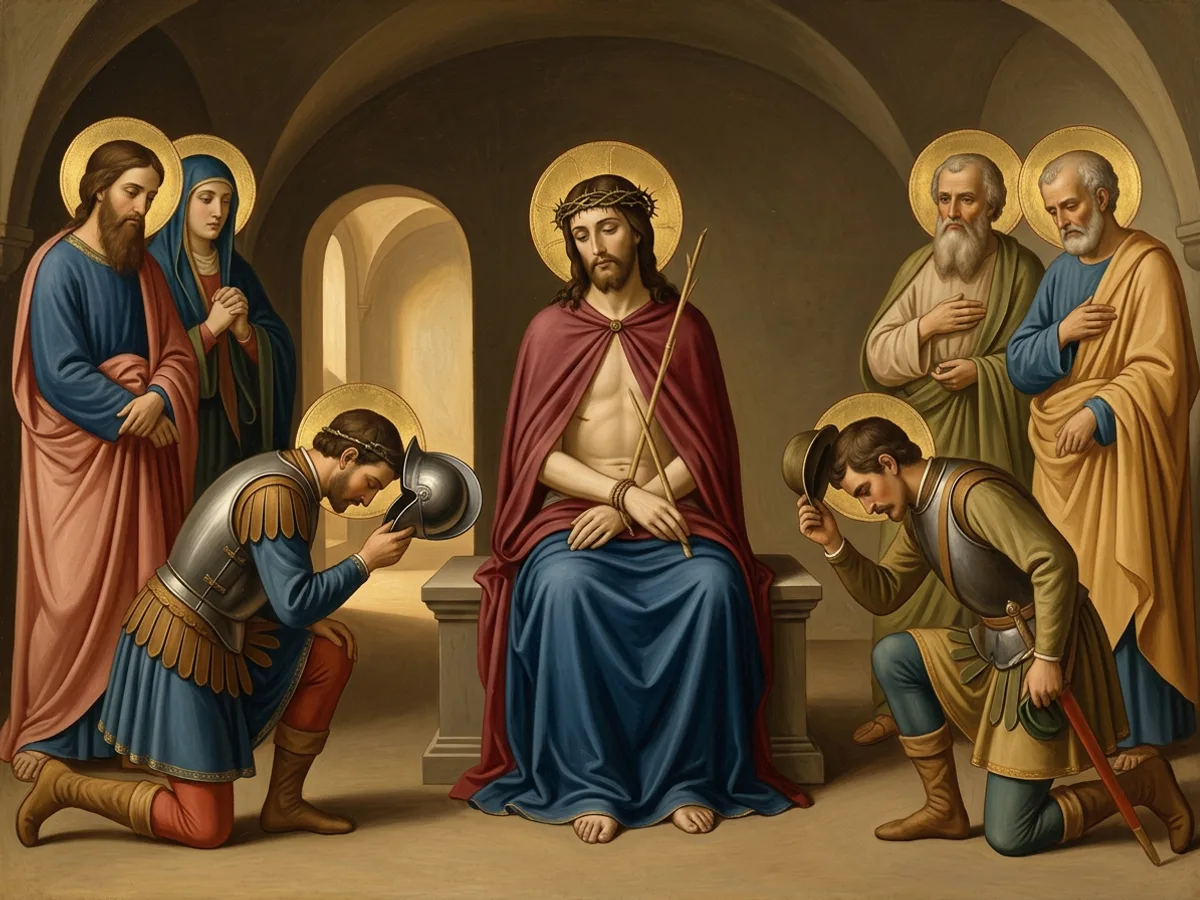 Jesus sits crowned with thorns holding a reed, a red cloak on his shoulders, while two soldiers kneel mocking him.