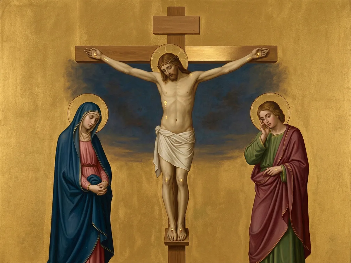 Jesus on the cross under a darkened sky, with Mary standing on one side and the apostle John on the other.