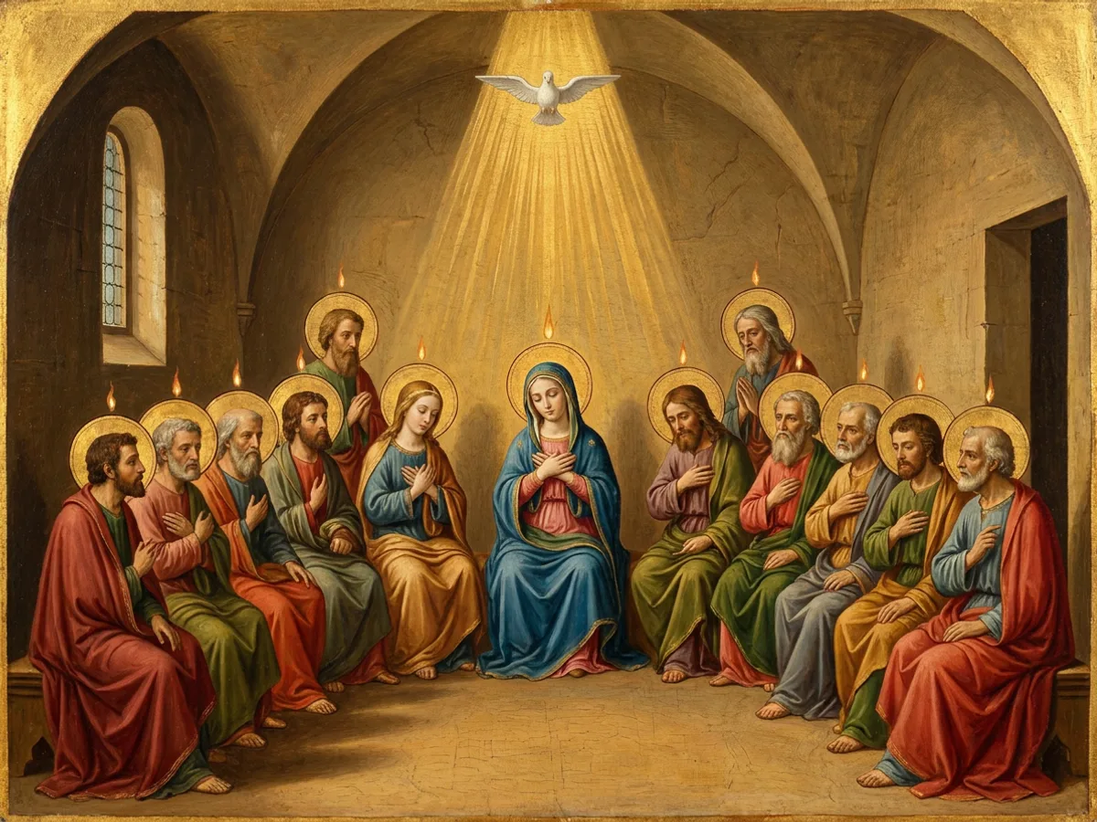 Mary sits at the centre of the Upper Room with the apostles, small flames above their heads and a descending dove.