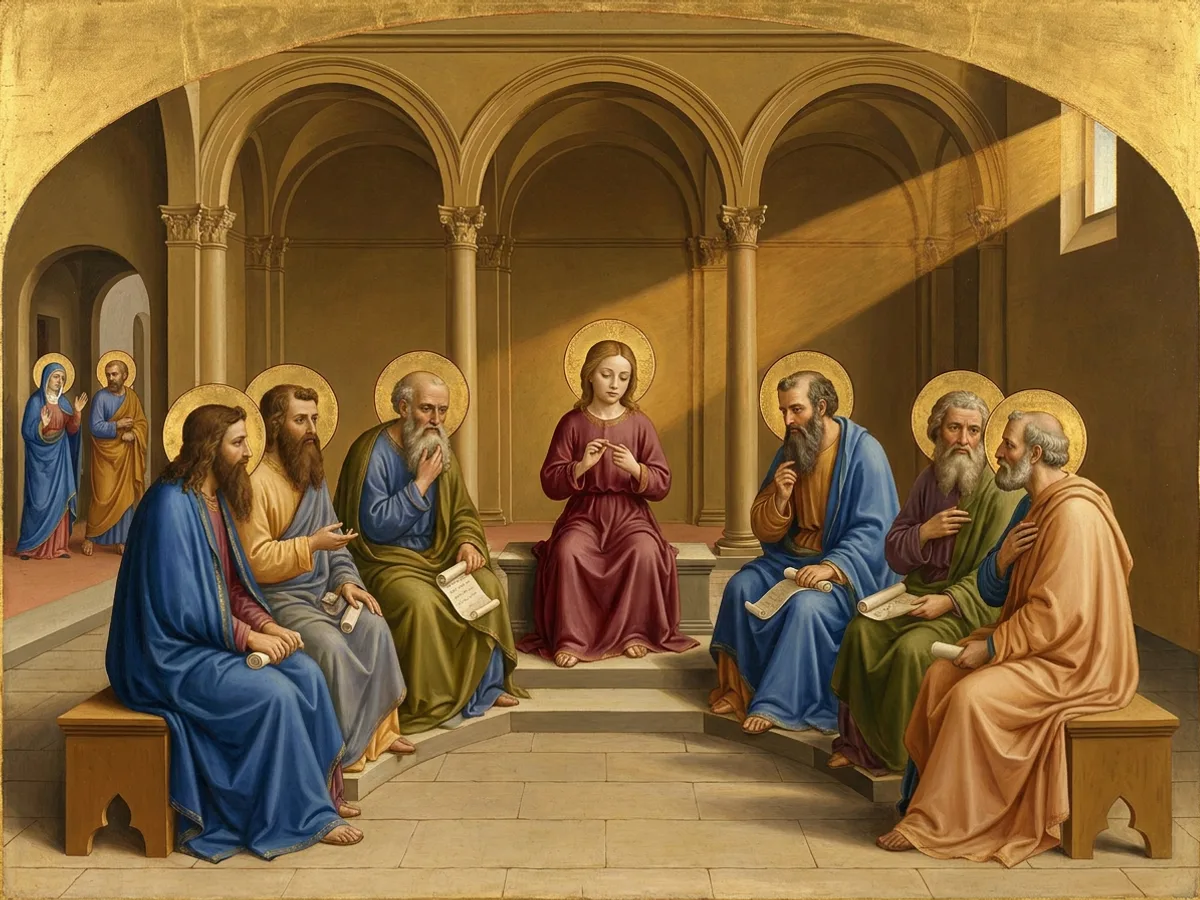 The boy Jesus sits teaching among seated temple elders as Mary and Joseph arrive at the doorway.