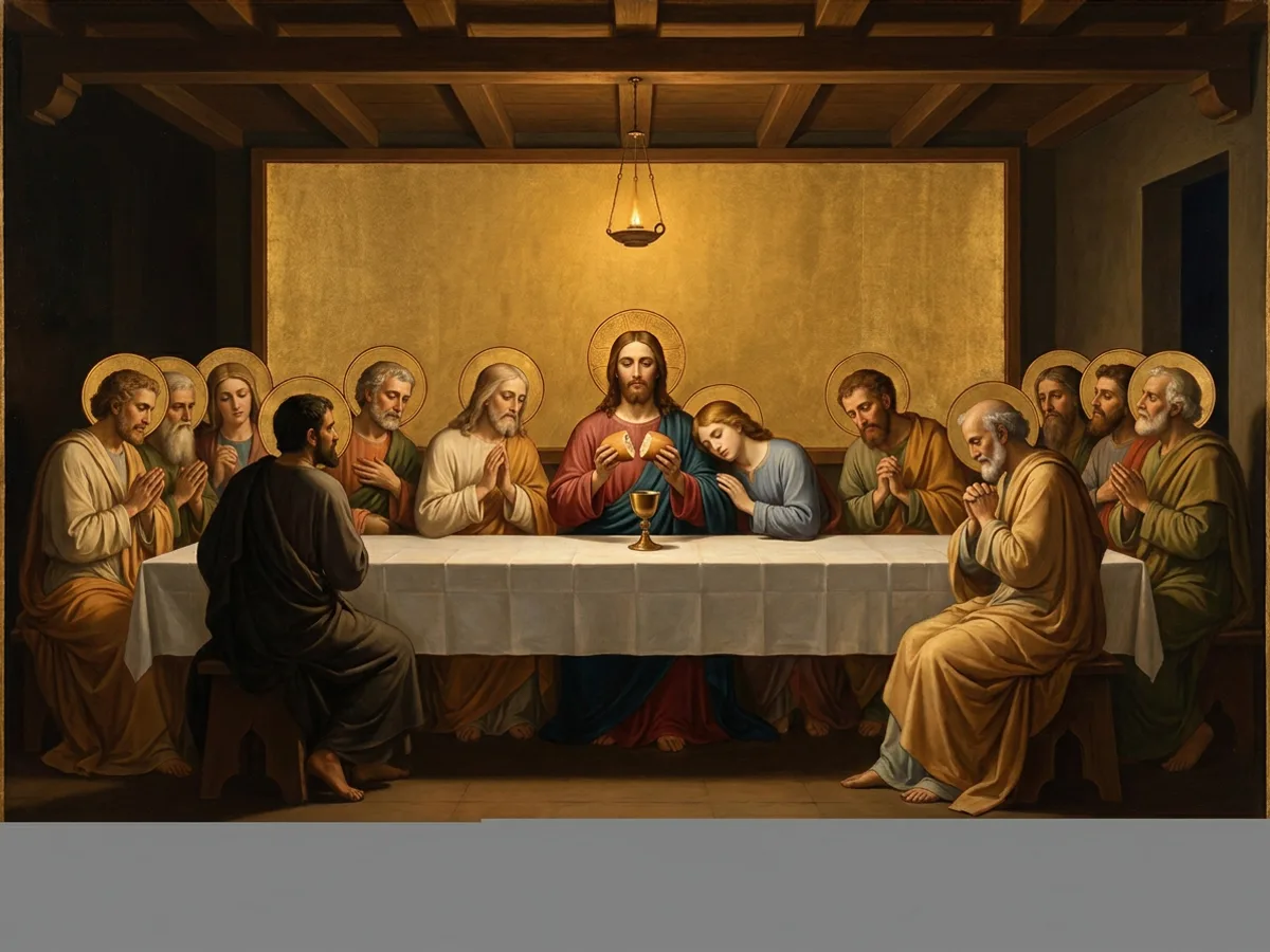 Christ breaks bread at the supper table with a chalice before him and twelve apostles around.