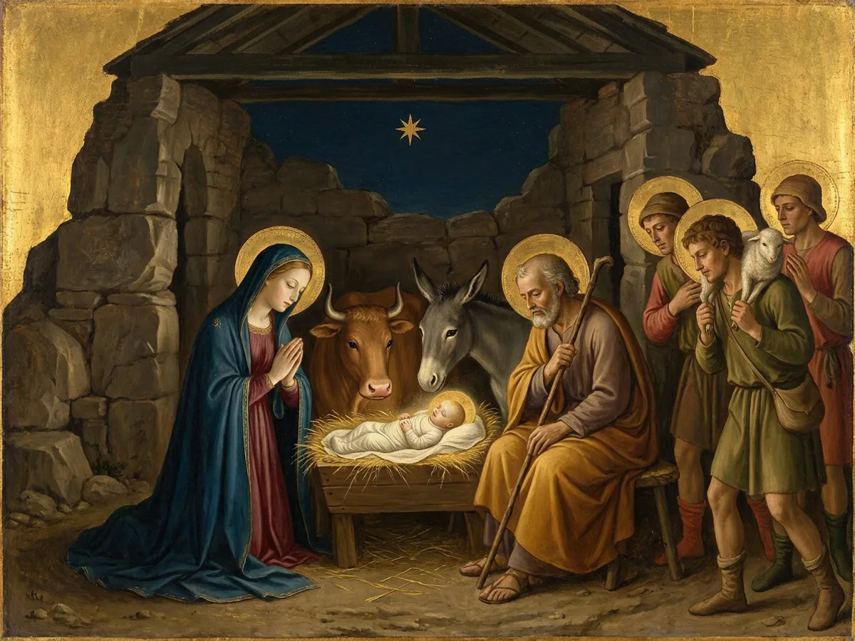 Mary kneels beside the newborn Christ lying on straw, with Joseph, an ox, a donkey and shepherds.