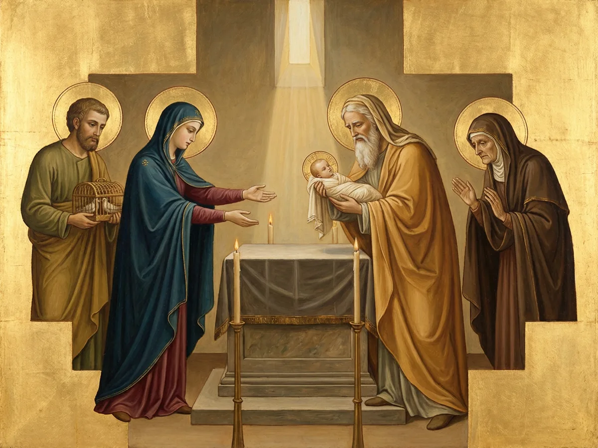The aged Simeon holds the infant Christ above the temple altar while Mary, Joseph and the prophetess Anna look on.