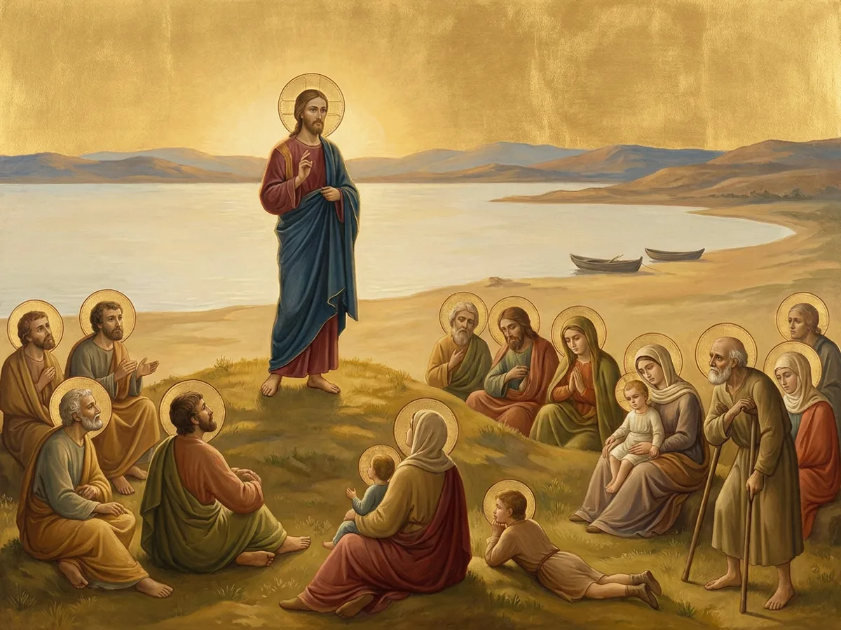 Christ stands on a hillside above the lake, hand raised, teaching a seated crowd of listeners.