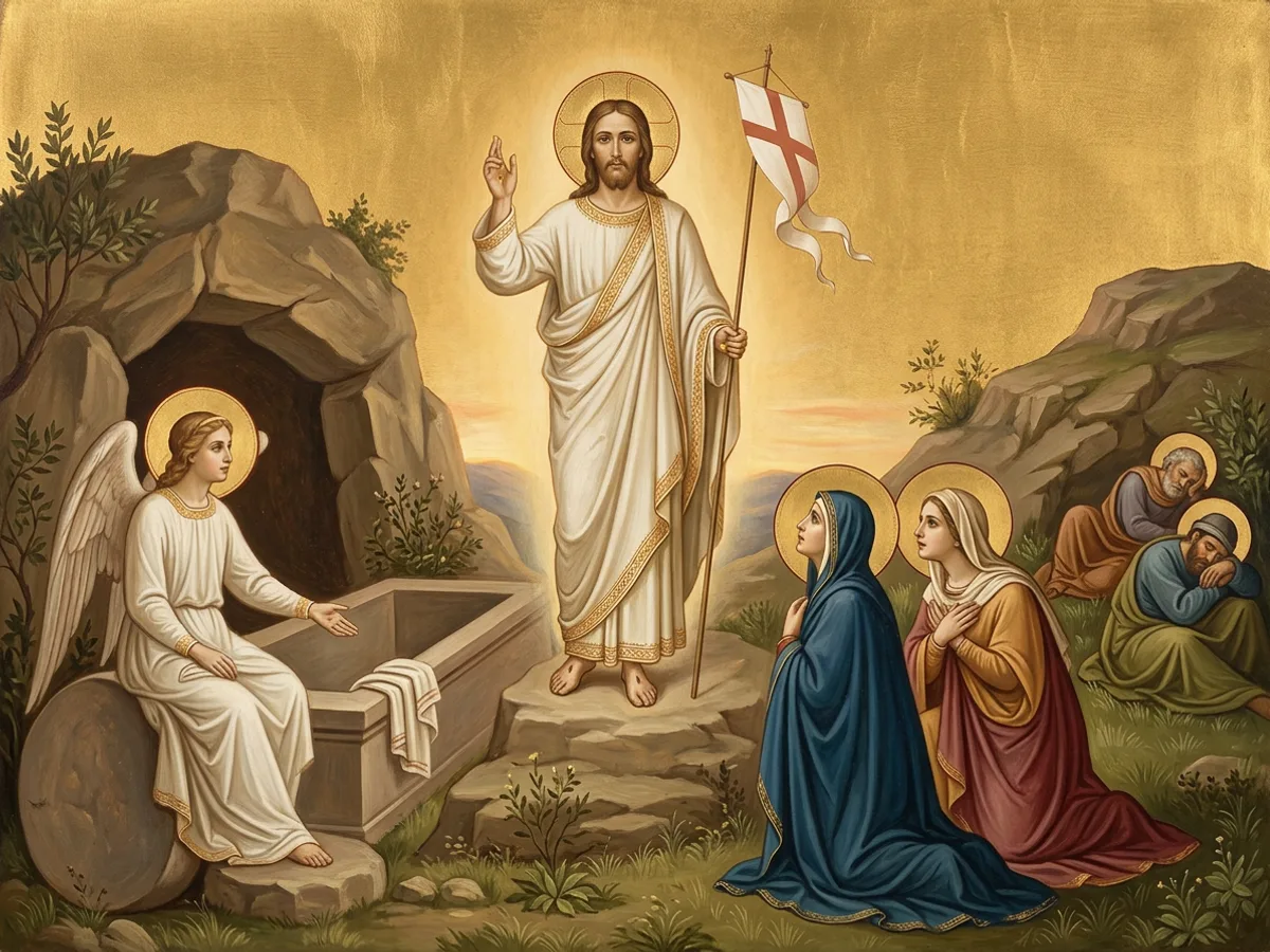 Risen Christ in white stands above the opened tomb at dawn; an angel sits on the stone, two women kneel.