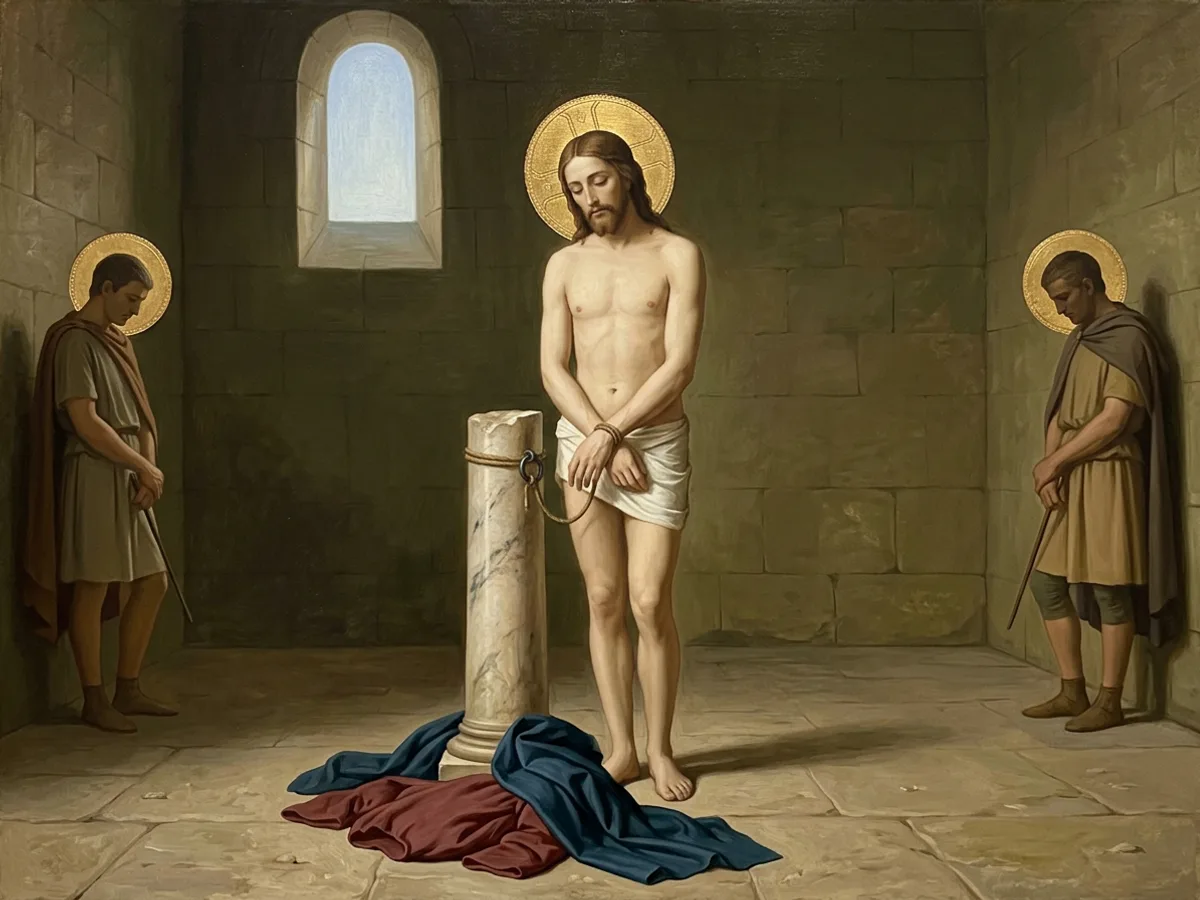 Jesus stands bound at a low stone column in an empty courtyard, head bowed, soldiers waiting motionless in the shadows.