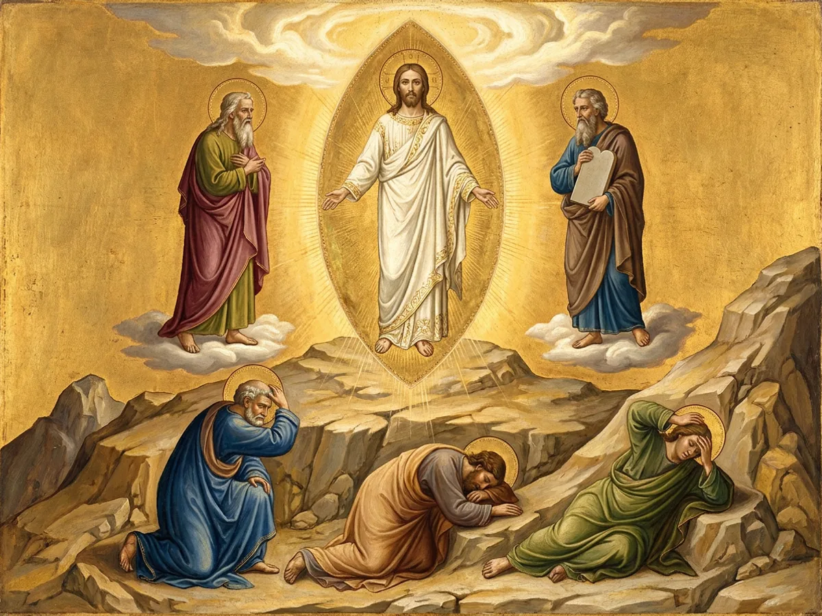 Christ shines in white on a mountain between Moses and Elijah as three apostles fall down below.