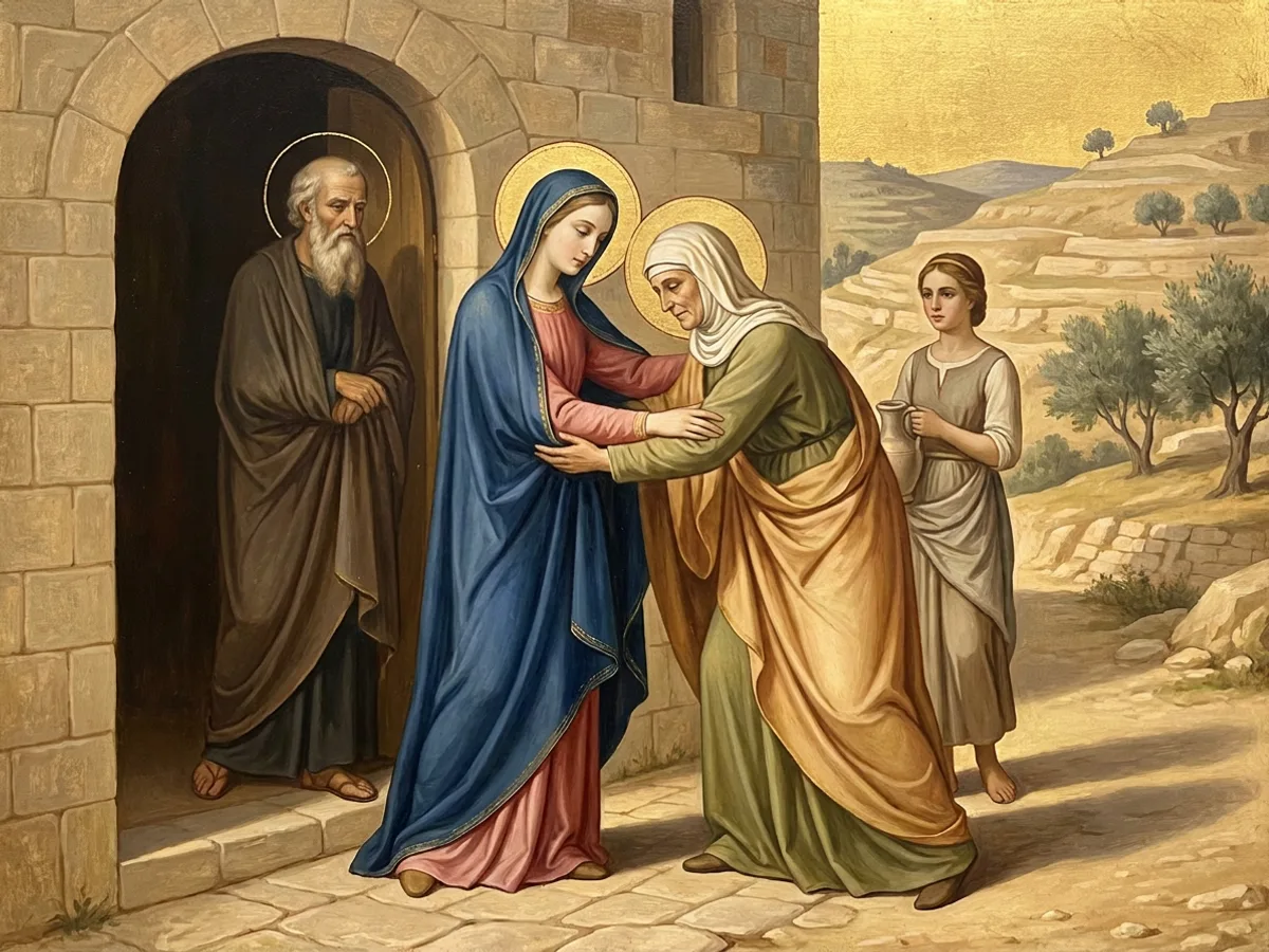Mary and her older cousin Elizabeth embrace at a doorway in the hill country, watched by Zechariah.