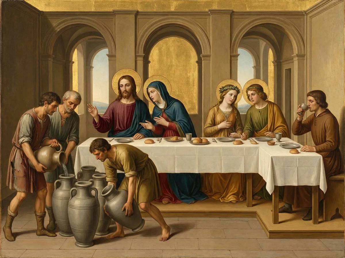At a wedding feast Mary speaks to Christ while servants fill six great stone jars with water.